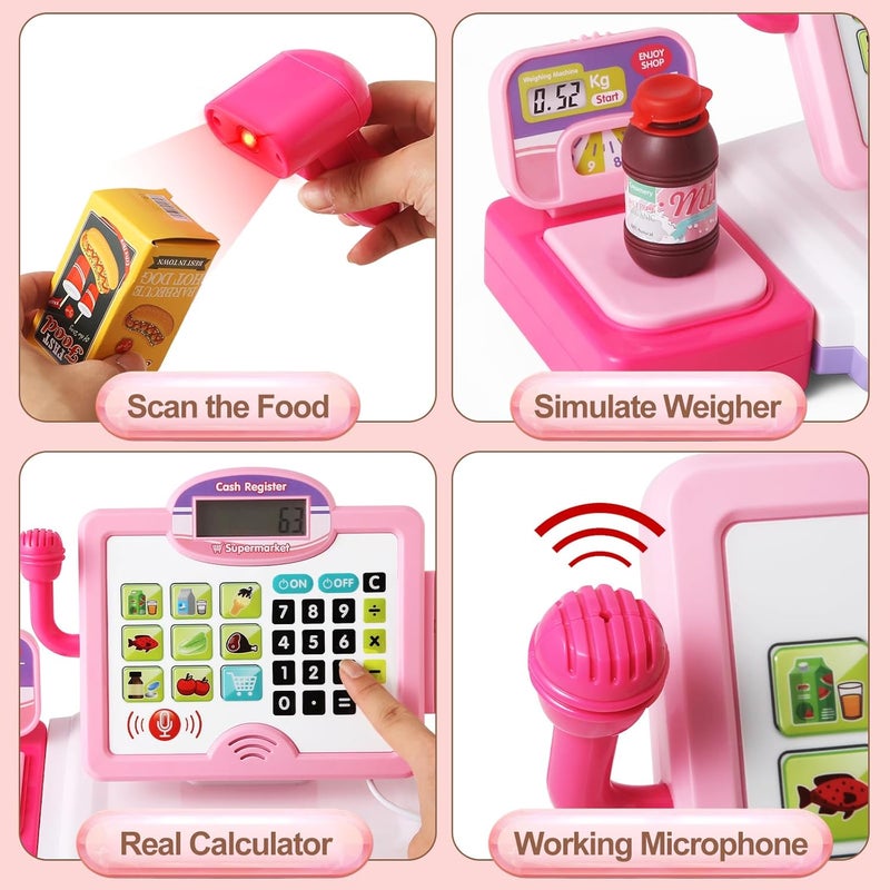 BAODLON Play Calculator Cash Register Toy Gift for Kids Girls Age 3, 4, 5, 6, 7, 8+ Year Old, 57 Pcs Pink Pretend Grocery Store Playset, Incl Microphone, Credit Card, Scanner, Fake Food, Play Money for Kids - Image 3